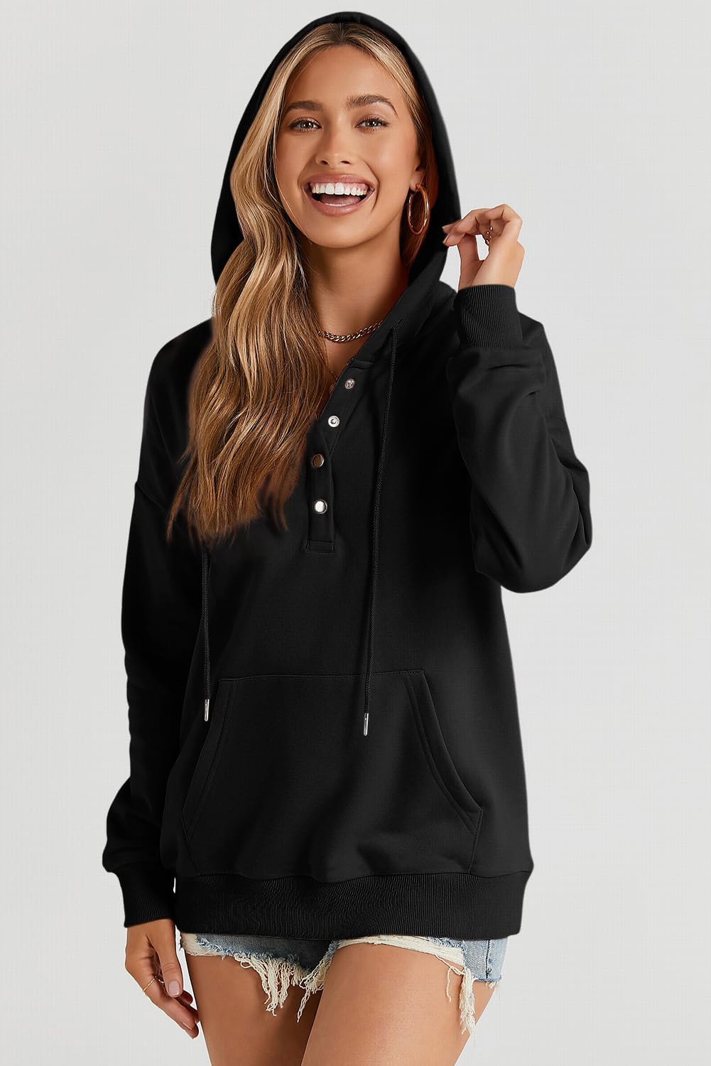 Womens 2025 Hoodies Button Collar Drawstring Hooded Pullover Sweatshirt Casual Long Sleeve Tops Shirts