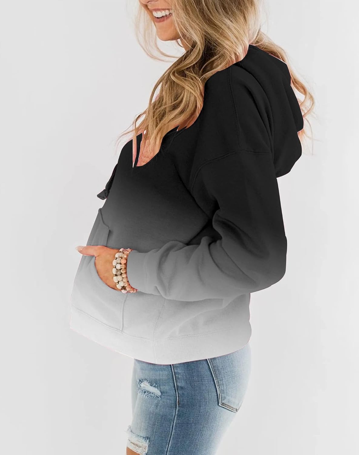 Womens Casual Hoodies Crew Neck Long Sleeve Sweatshirts with Pocket Lightweight Pullover Tops