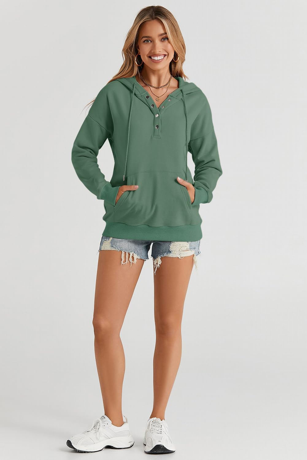 Womens 2025 Hoodies Button Collar Drawstring Hooded Pullover Sweatshirt Casual Long Sleeve Tops Shirts