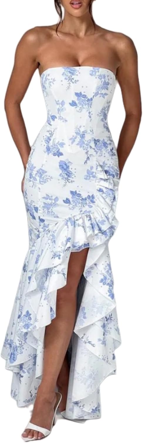 Women's Sexy Strapless Backless High Split Long Maxi Dress Ruched Off Shoulder Sleeveless Bodycon Party Cocktail Dresses