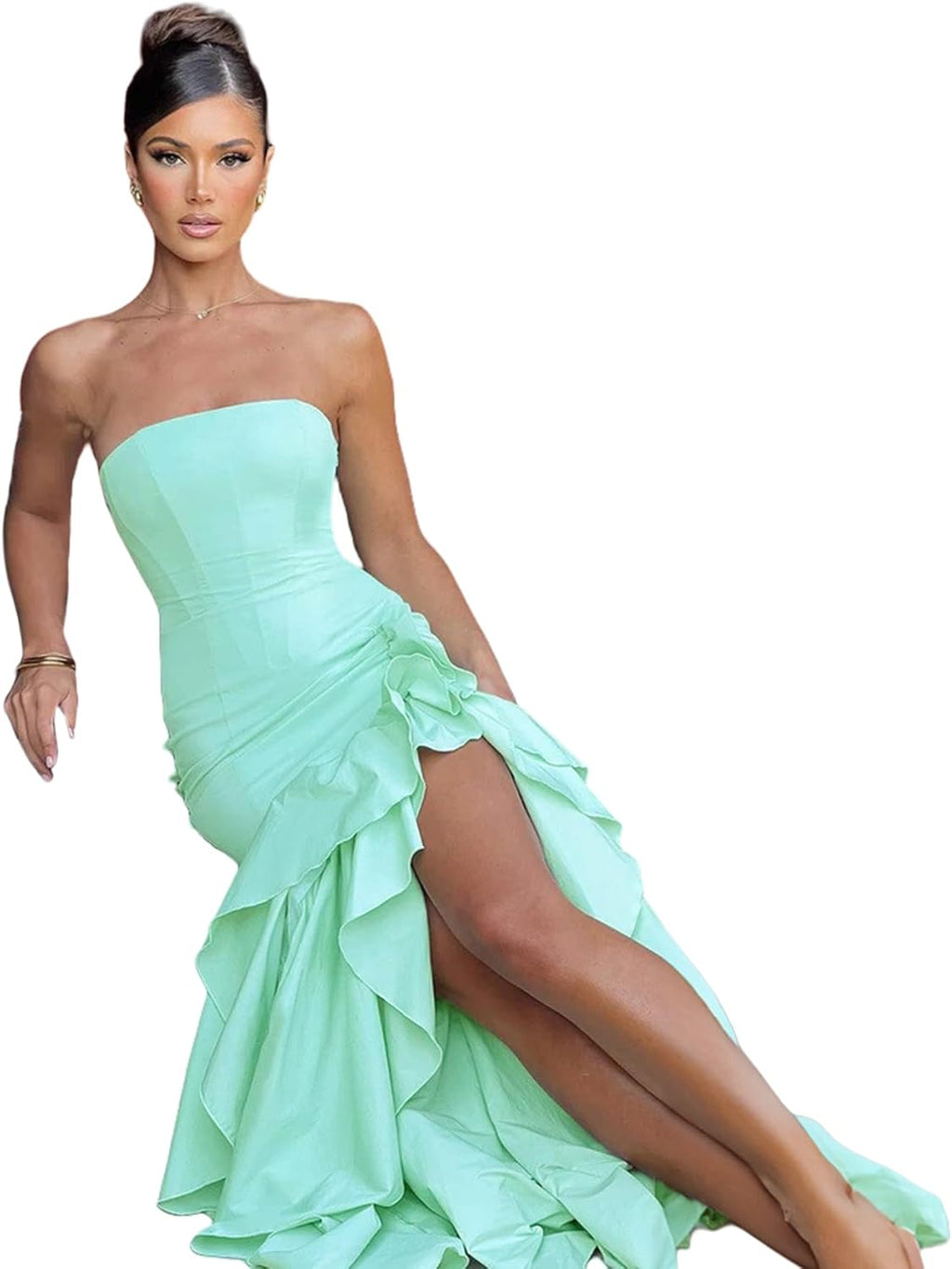 Women's Sexy Strapless Backless High Split Long Maxi Dress Ruched Off Shoulder Sleeveless Bodycon Party Cocktail Dresses