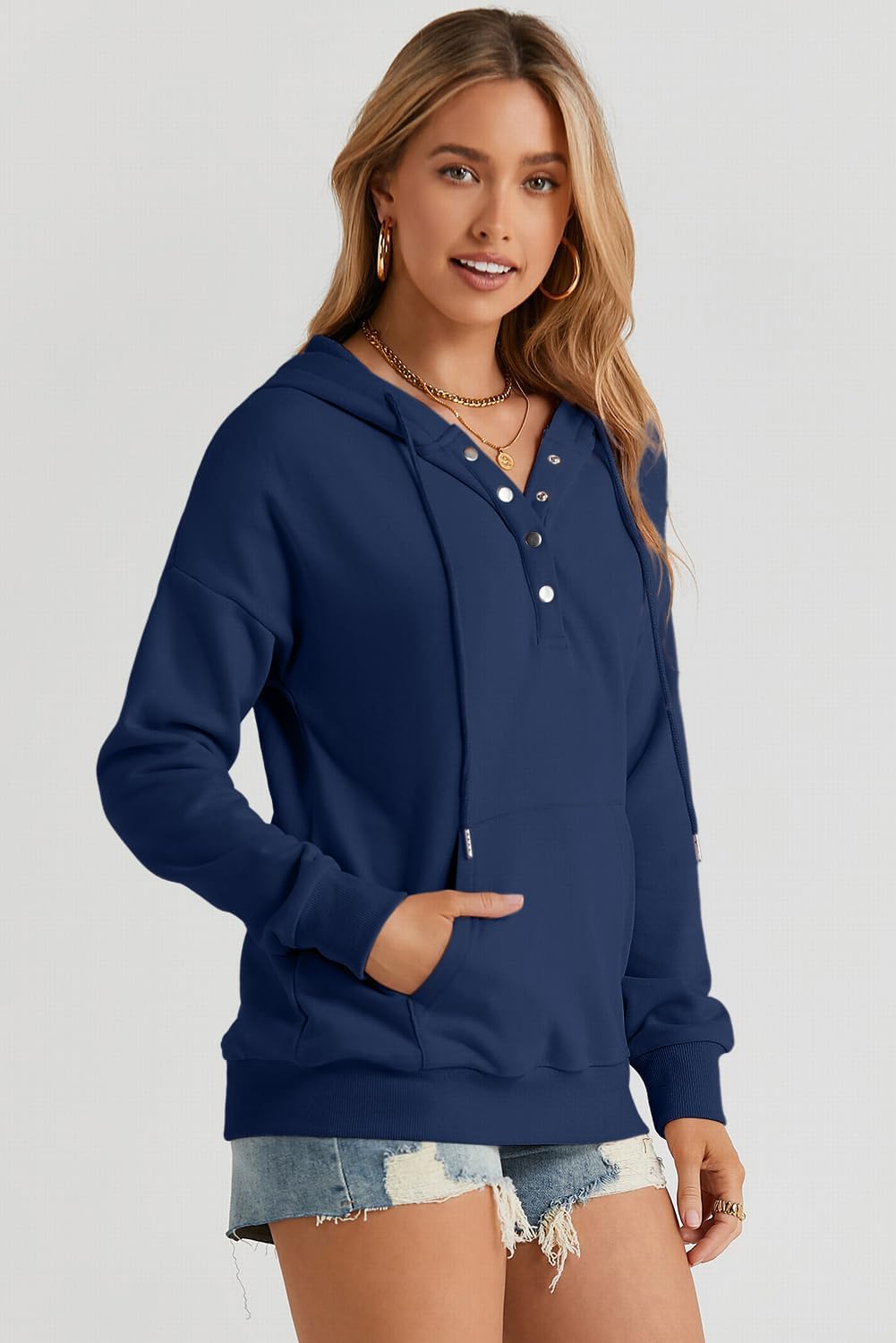 Womens 2025 Hoodies Button Collar Drawstring Hooded Pullover Sweatshirt Casual Long Sleeve Tops Shirts