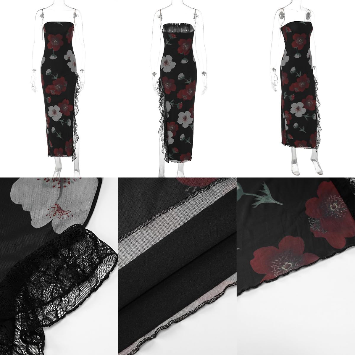 Women's Sexy Strapless Backless High Split Long Maxi Dress Ruched Off Shoulder Sleeveless Bodycon Party Cocktail Dresses