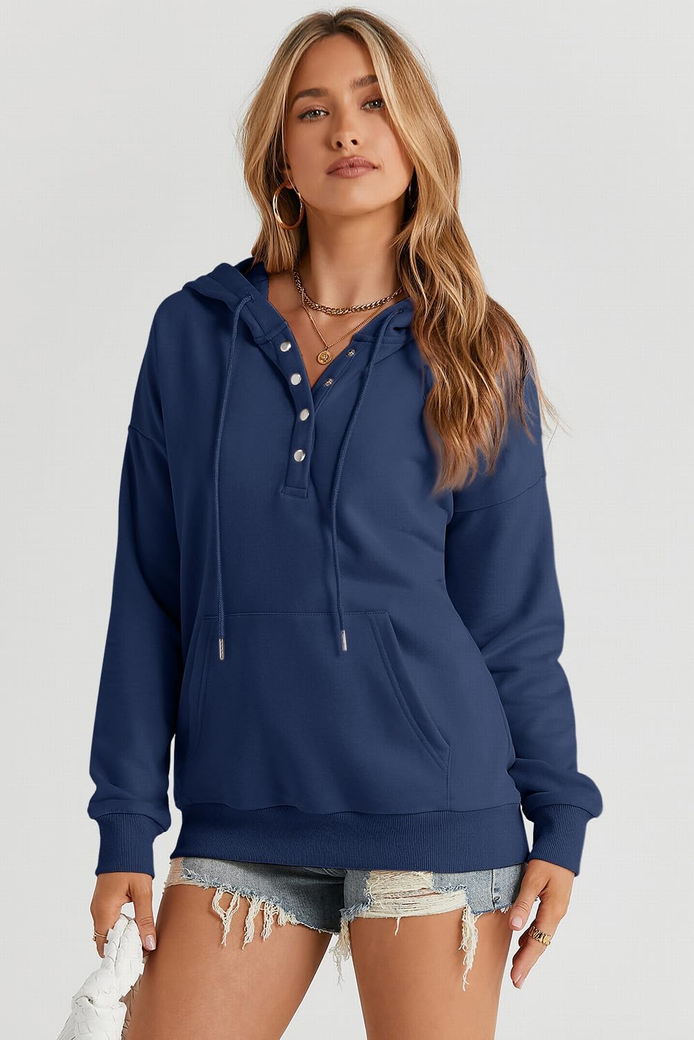 Womens 2025 Hoodies Button Collar Drawstring Hooded Pullover Sweatshirt Casual Long Sleeve Tops Shirts