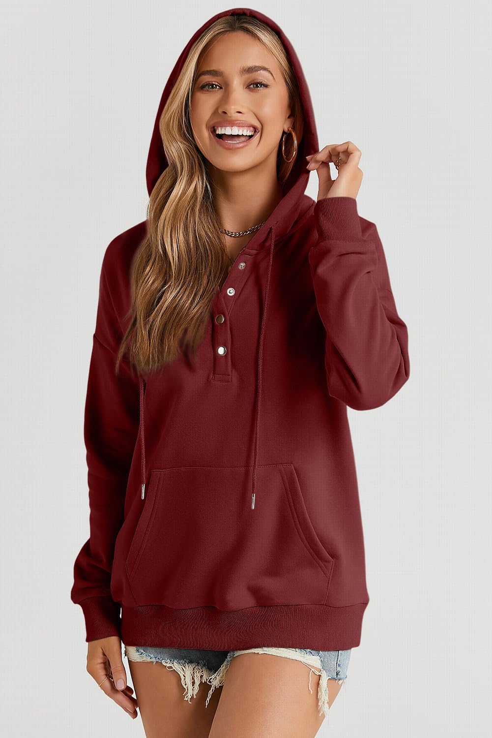 Womens 2025 Hoodies Button Collar Drawstring Hooded Pullover Sweatshirt Casual Long Sleeve Tops Shirts
