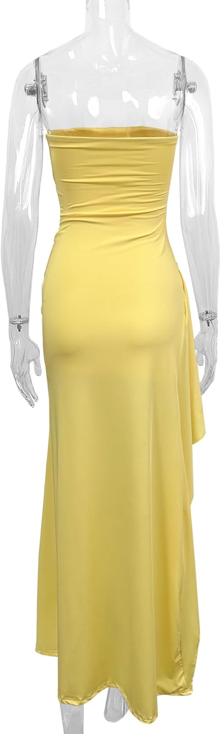 Women's Sexy Strapless Backless High Split Long Maxi Dress Ruched Off Shoulder Sleeveless Bodycon Party Cocktail Dresses