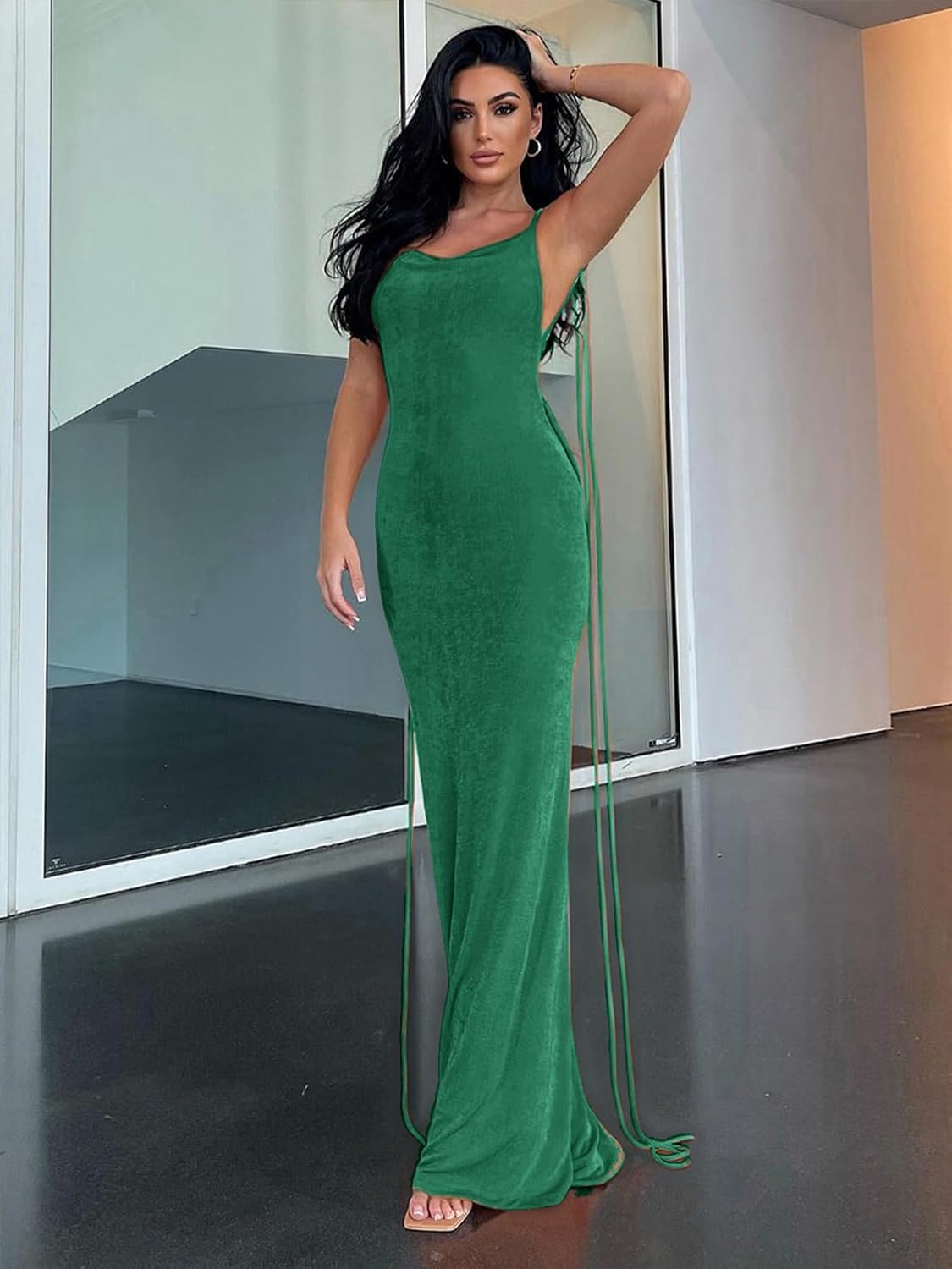 Slip Bodycon Dresses for Women Spaghetti Strap Lace Up Backless Cowl Neck Maxi Mermaid Cocktail Party Dress