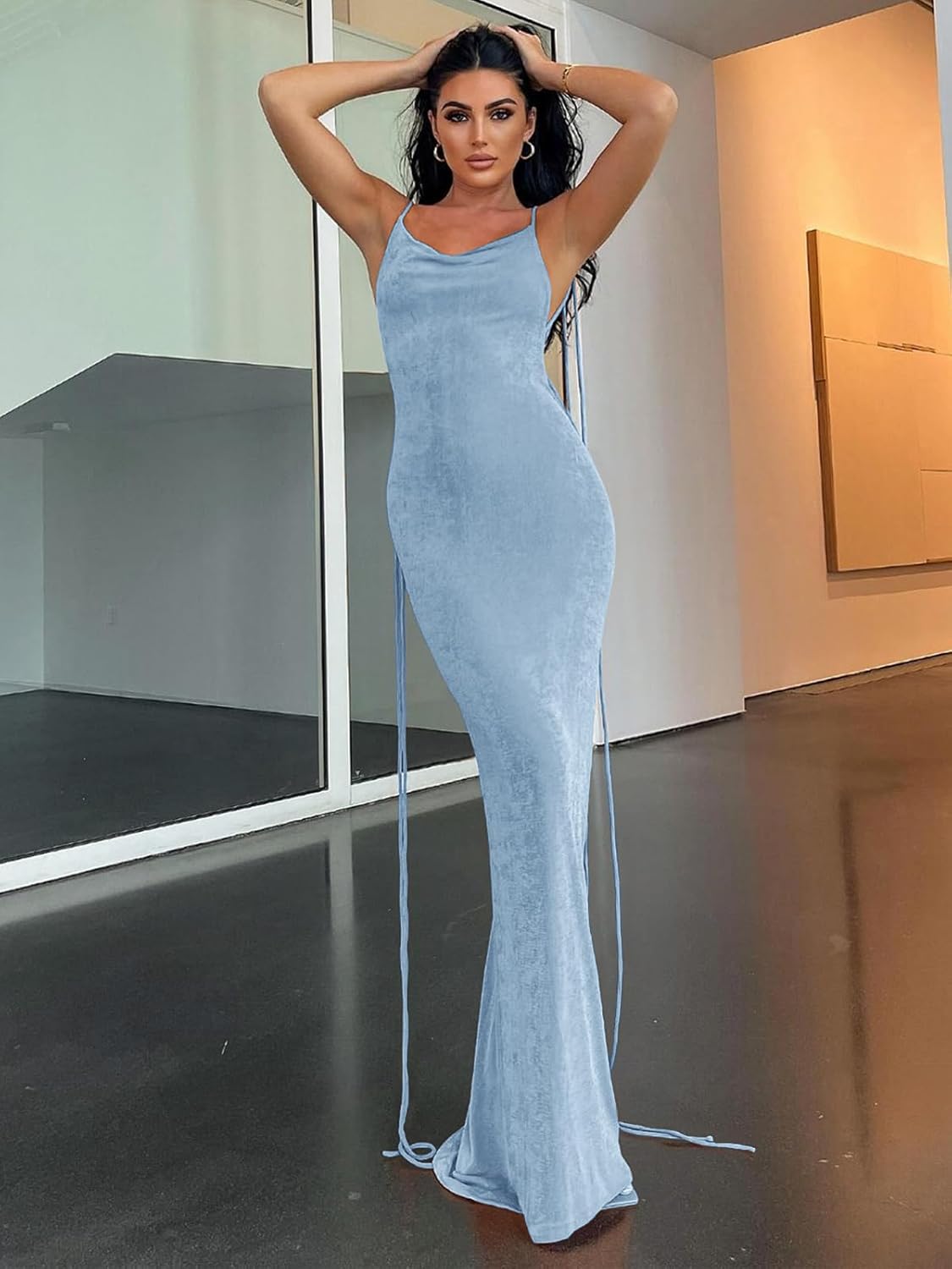 Slip Bodycon Dresses for Women Spaghetti Strap Lace Up Backless Cowl Neck Maxi Mermaid Cocktail Party Dress