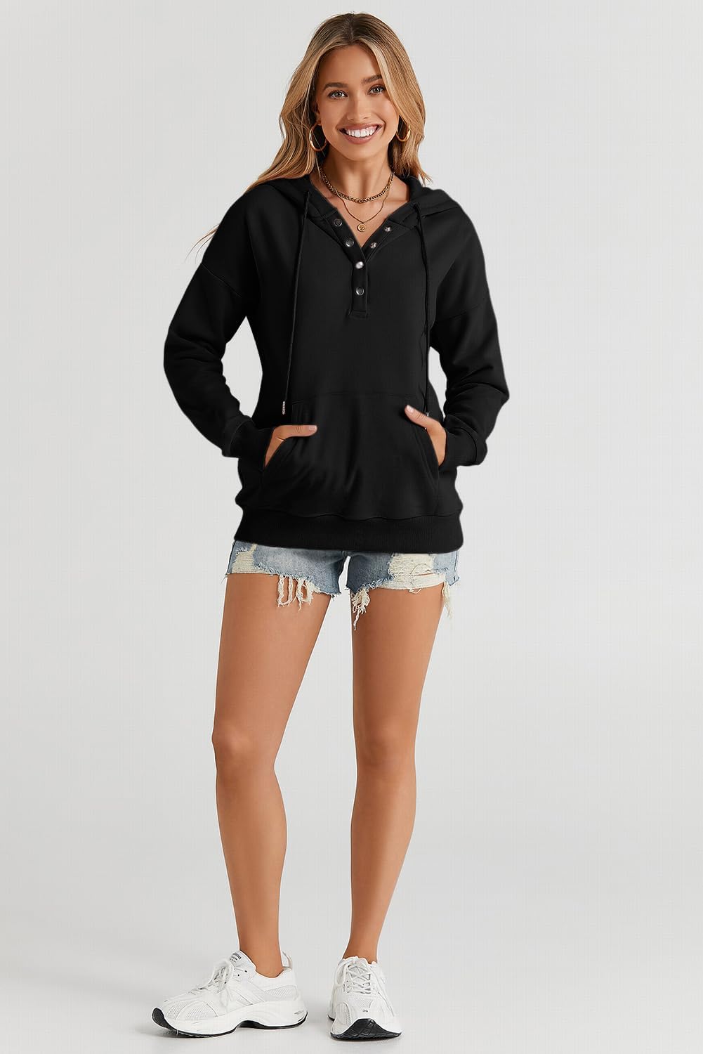 Womens 2025 Hoodies Button Collar Drawstring Hooded Pullover Sweatshirt Casual Long Sleeve Tops Shirts