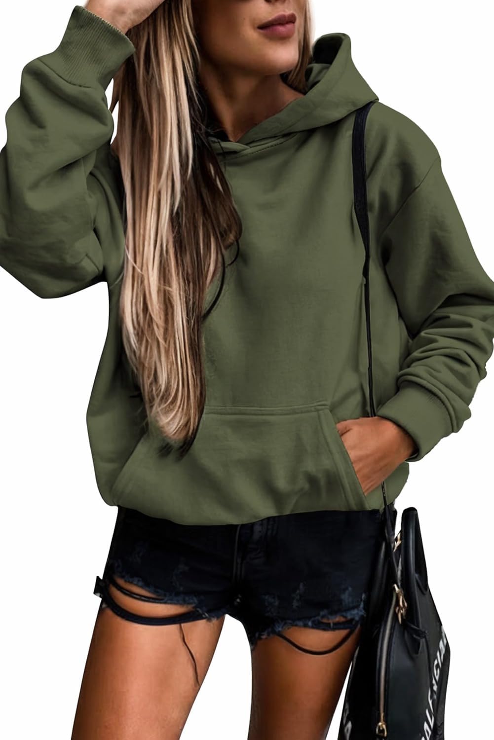Women's Casual Hoodies Long Sleeve Solid Lightweight Pullover Tops Loose Sweatshirt with Pocket