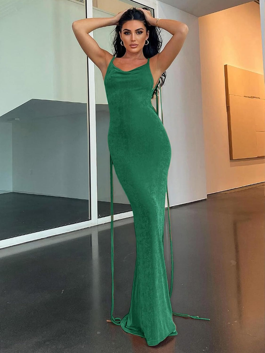 Slip Bodycon Dresses for Women Spaghetti Strap Lace Up Backless Cowl Neck Maxi Mermaid Cocktail Party Dress