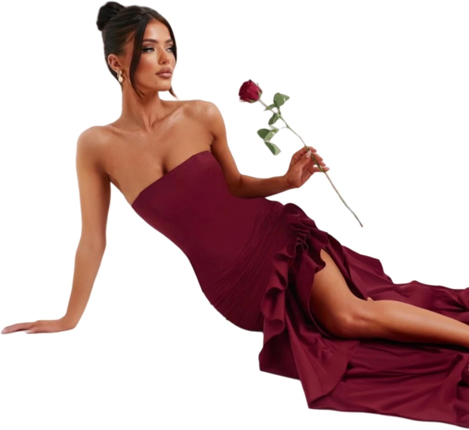 Women's Sexy Strapless Backless High Split Long Maxi Dress Ruched Off Shoulder Sleeveless Bodycon Party Cocktail Dresses