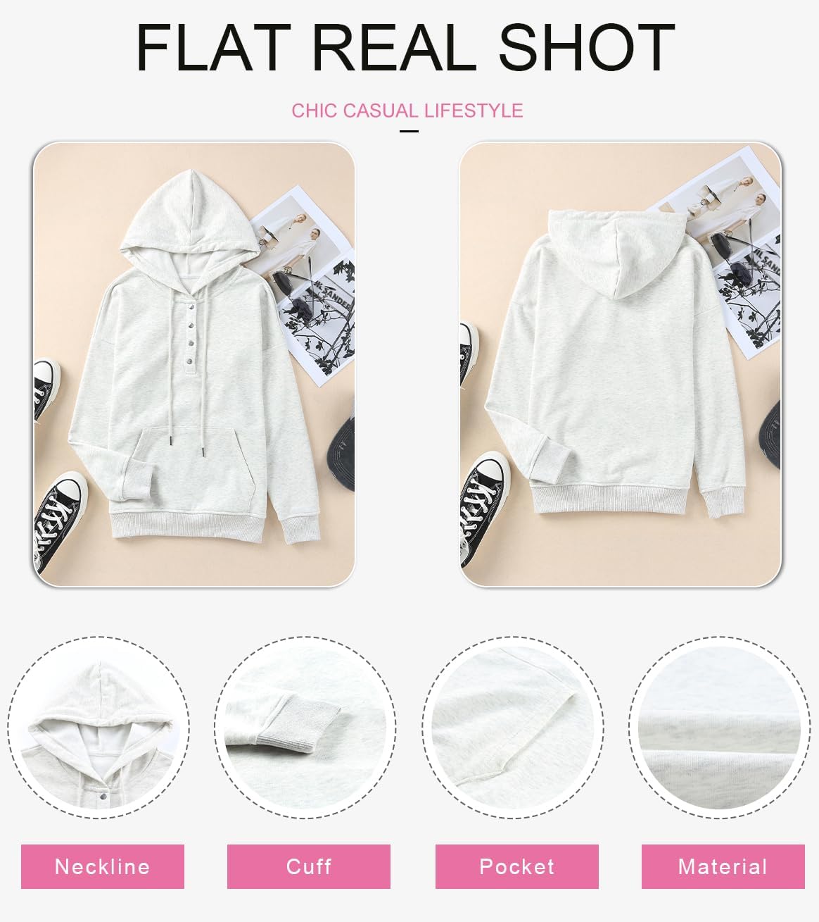 Women's Casual Hoodies Long Sleeve Solid Lightweight Pullover Tops Loose Sweatshirt with Pocket