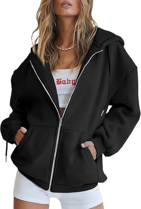 Women's Drawstring Zip Up Cute Hoodies Fall Jacket Oversized Casual Sweatshirts with Pocket