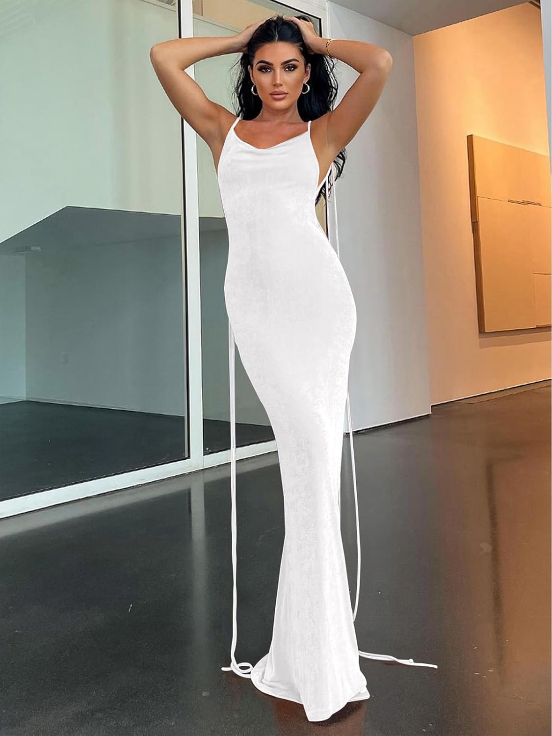 Slip Bodycon Dresses for Women Spaghetti Strap Lace Up Backless Cowl Neck Maxi Mermaid Cocktail Party Dress