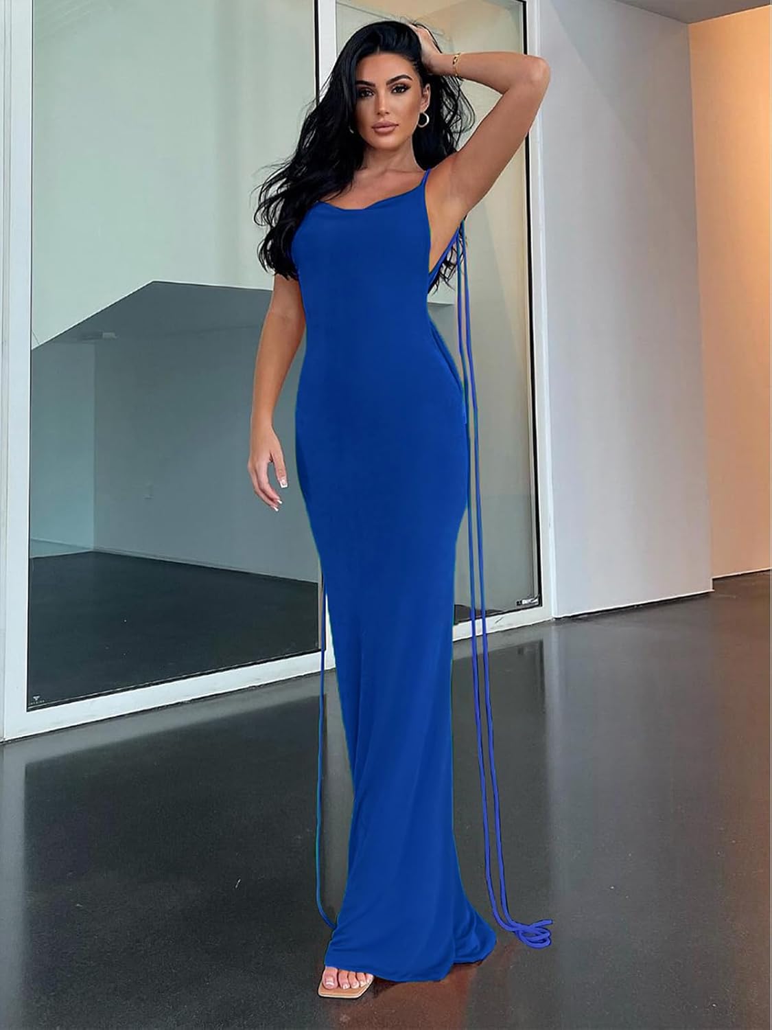 Slip Bodycon Dresses for Women Spaghetti Strap Lace Up Backless Cowl Neck Maxi Mermaid Cocktail Party Dress