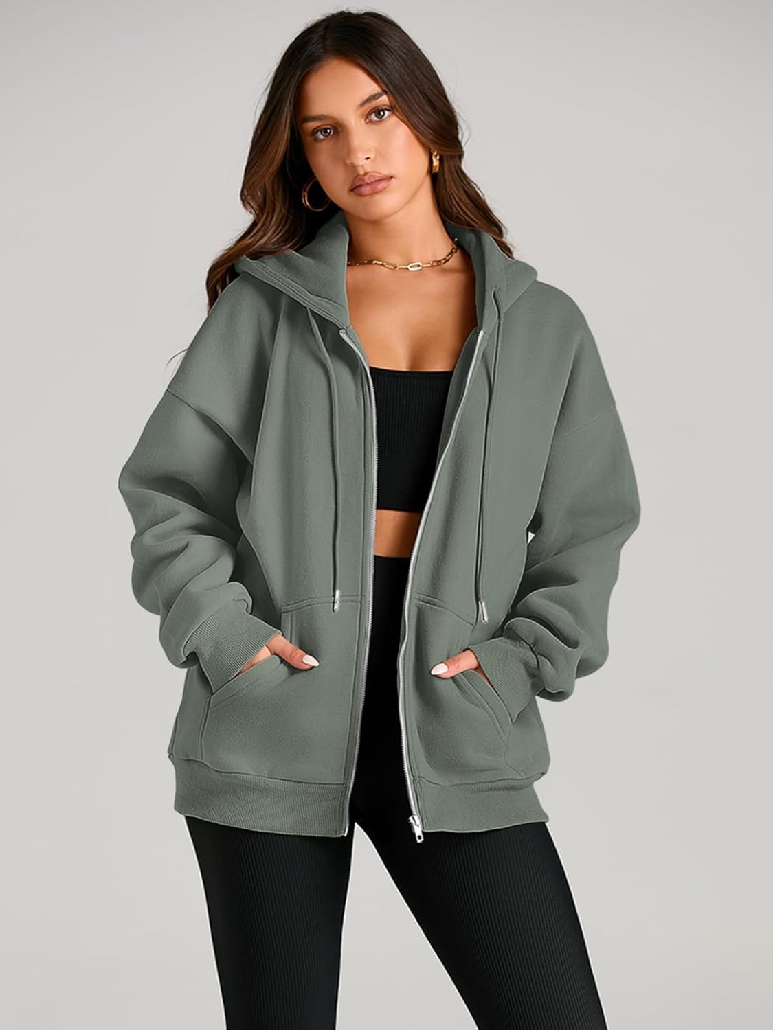 Women's Drawstring Zip Up Cute Hoodies Fall Jacket Oversized Casual Sweatshirts with Pocket