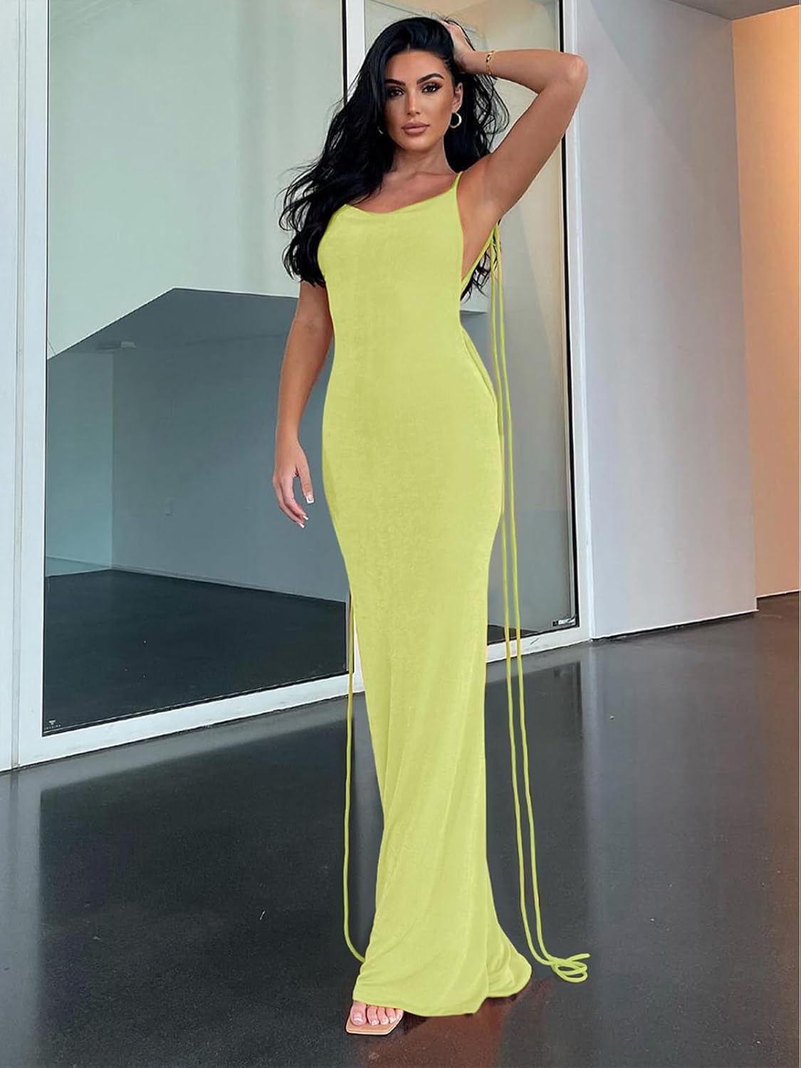 Slip Bodycon Dresses for Women Spaghetti Strap Lace Up Backless Cowl Neck Maxi Mermaid Cocktail Party Dress