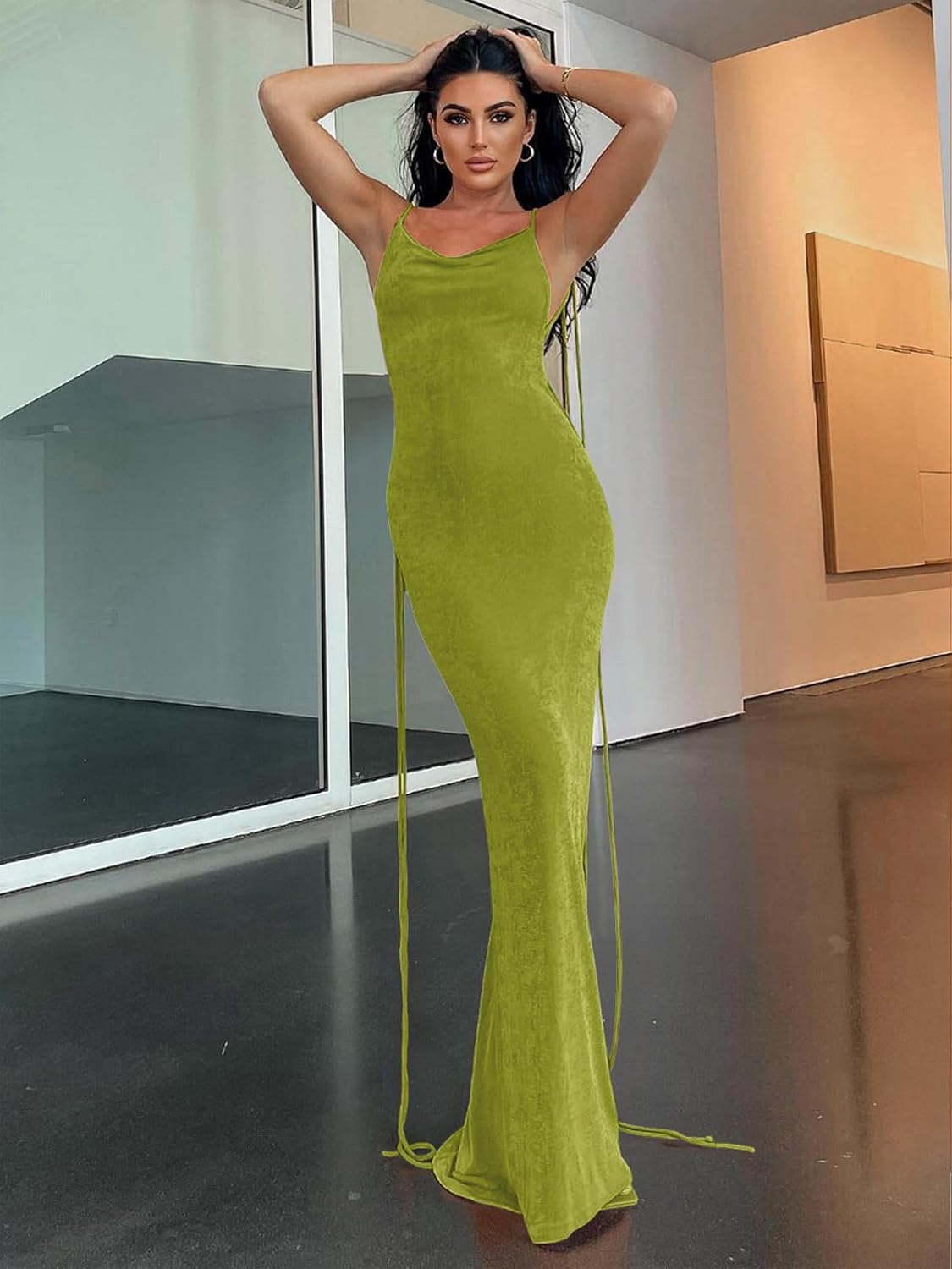 Slip Bodycon Dresses for Women Spaghetti Strap Lace Up Backless Cowl Neck Maxi Mermaid Cocktail Party Dress