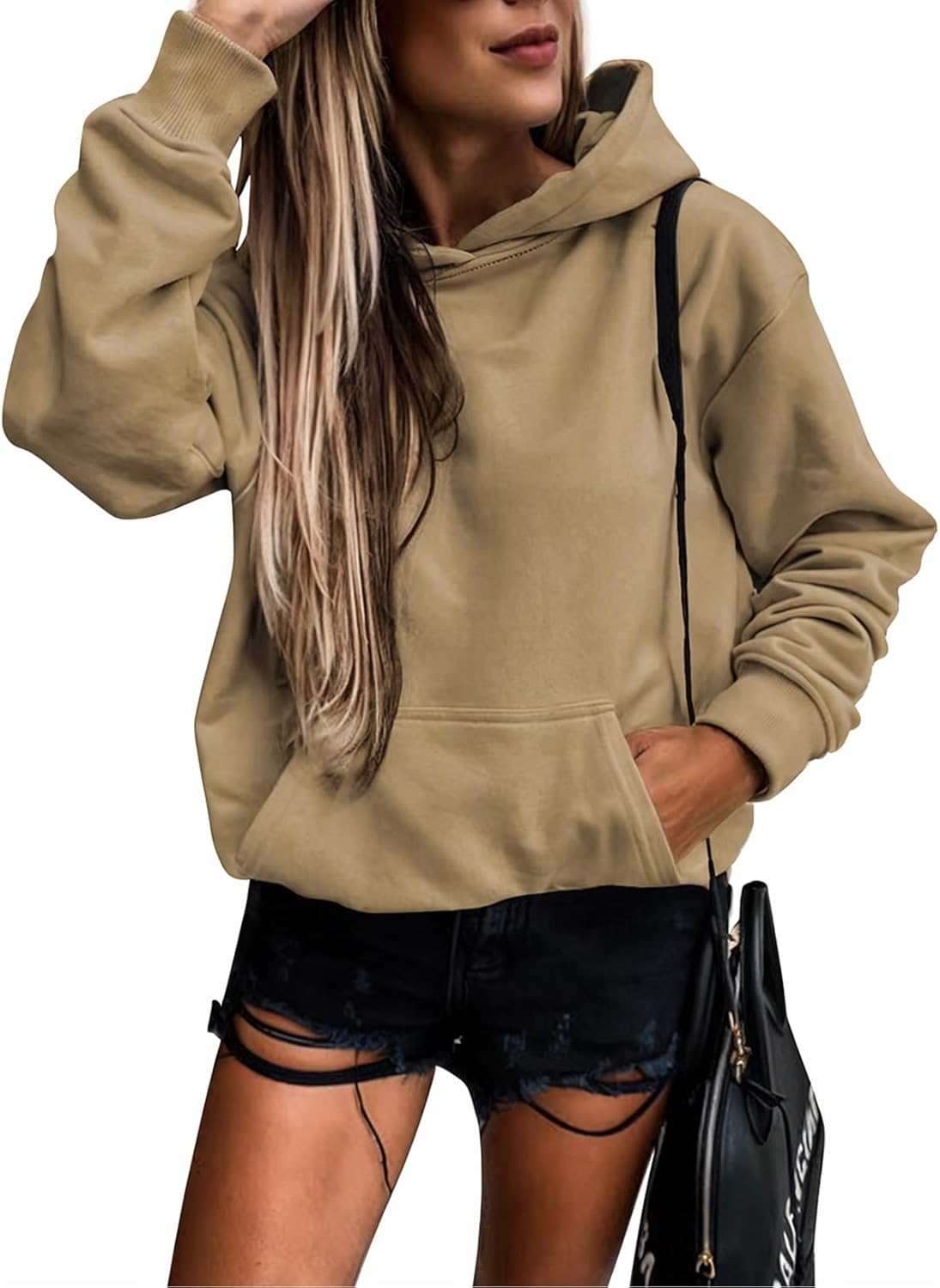 Women's Casual Hoodies Long Sleeve Solid Lightweight Pullover Tops Loose Sweatshirt with Pocket