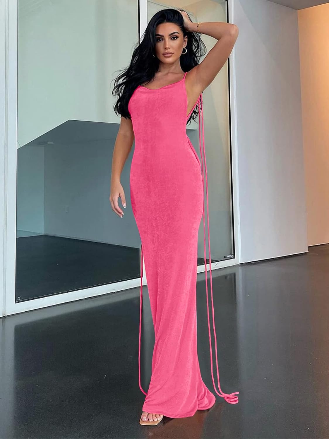 Slip Bodycon Dresses for Women Spaghetti Strap Lace Up Backless Cowl Neck Maxi Mermaid Cocktail Party Dress