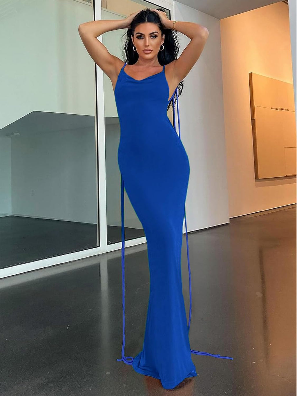 Slip Bodycon Dresses for Women Spaghetti Strap Lace Up Backless Cowl Neck Maxi Mermaid Cocktail Party Dress