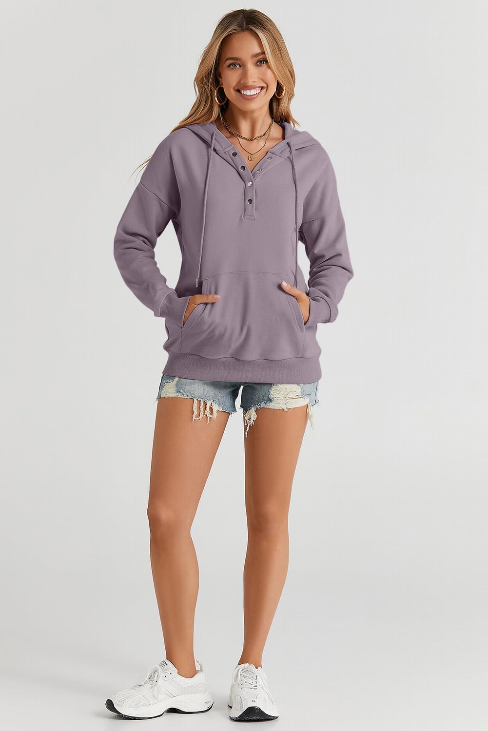 Womens 2025 Hoodies Button Collar Drawstring Hooded Pullover Sweatshirt Casual Long Sleeve Tops Shirts