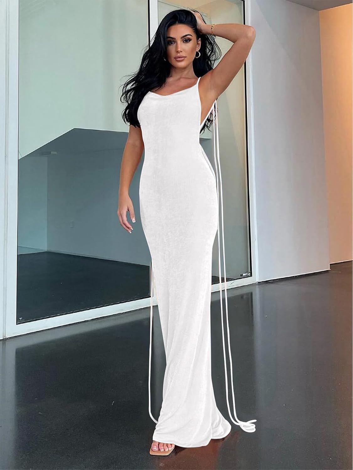 Slip Bodycon Dresses for Women Spaghetti Strap Lace Up Backless Cowl Neck Maxi Mermaid Cocktail Party Dress