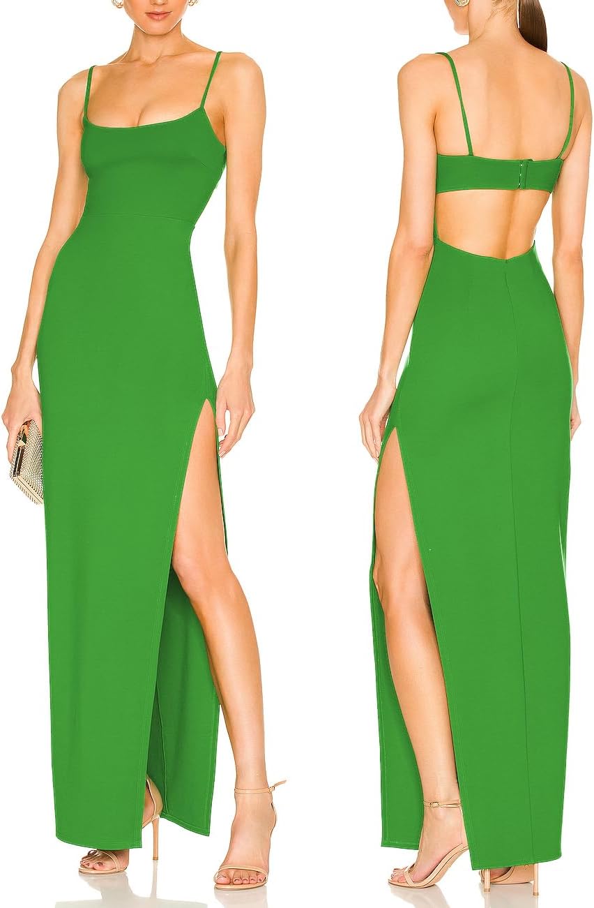 Women's Sexy Backless Spaghetti Straps Square Neck Maxi Dress Thigh High Slit Bodycon Cocktail Party Dress 211