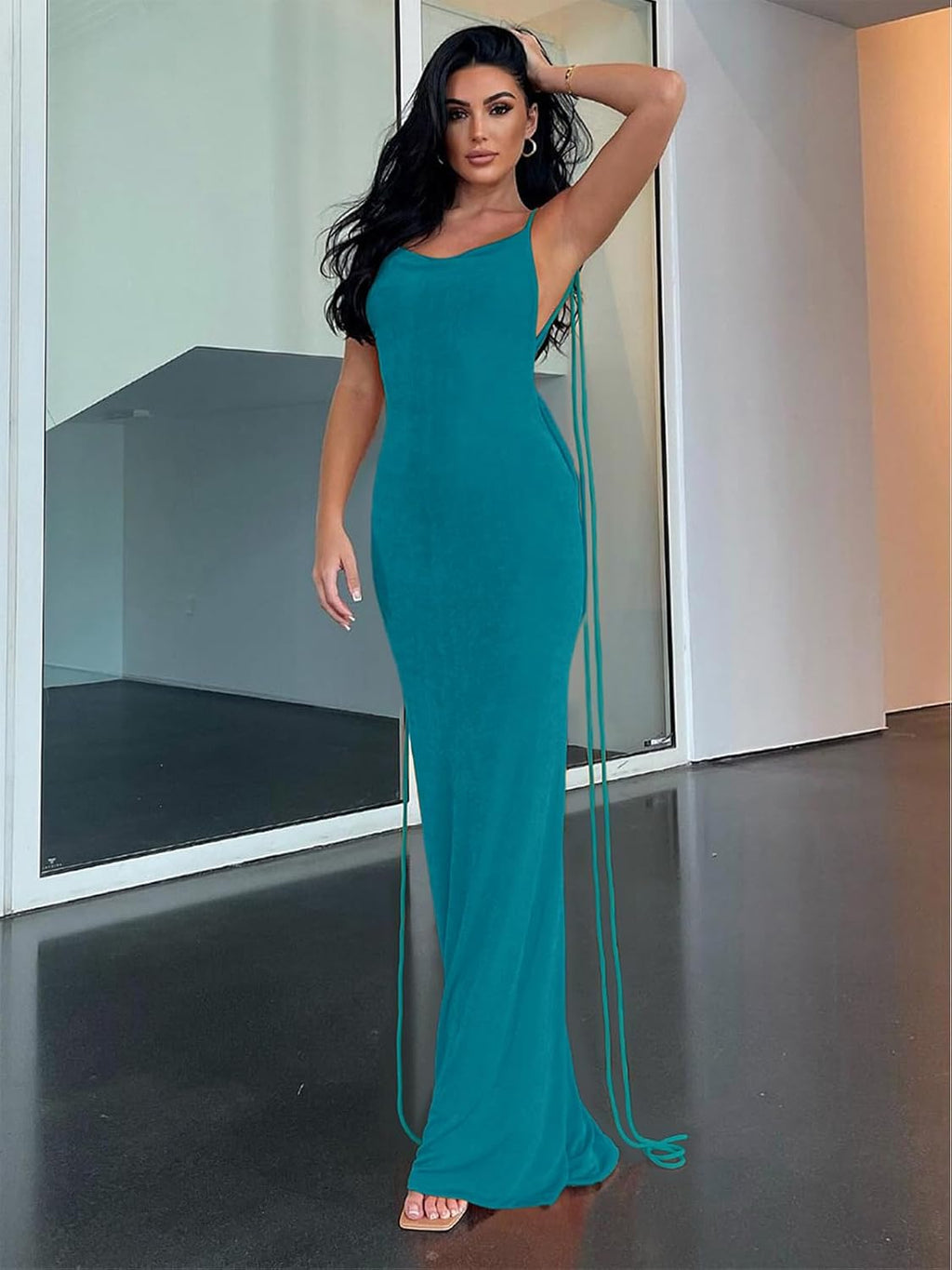 Slip Bodycon Dresses for Women Spaghetti Strap Lace Up Backless Cowl Neck Maxi Mermaid Cocktail Party Dress