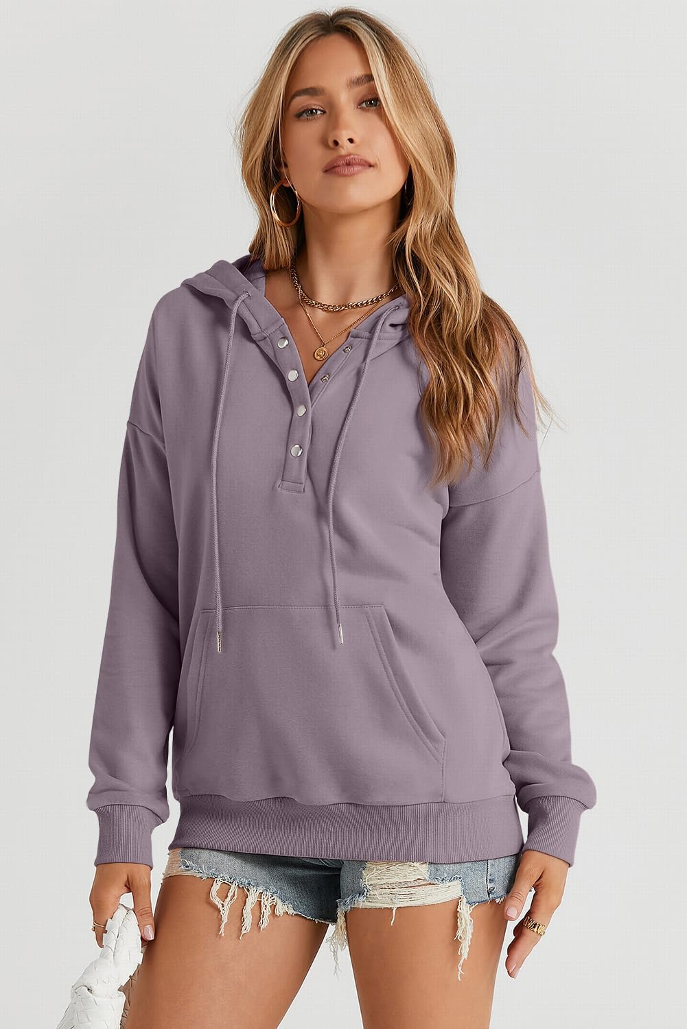 Womens 2025 Hoodies Button Collar Drawstring Hooded Pullover Sweatshirt Casual Long Sleeve Tops Shirts