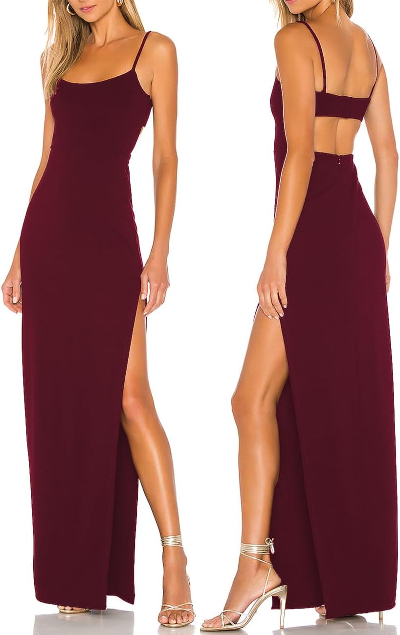 Women's Sexy Backless Spaghetti Straps Square Neck Maxi Dress Thigh High Slit Bodycon Cocktail Party Dress 211