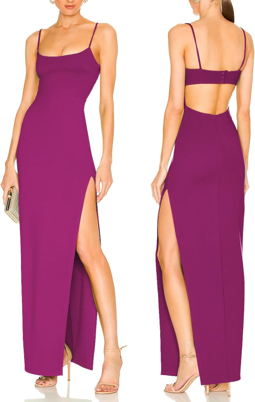 Women's Sexy Backless Spaghetti Straps Square Neck Maxi Dress Thigh High Slit Bodycon Cocktail Party Dress 211