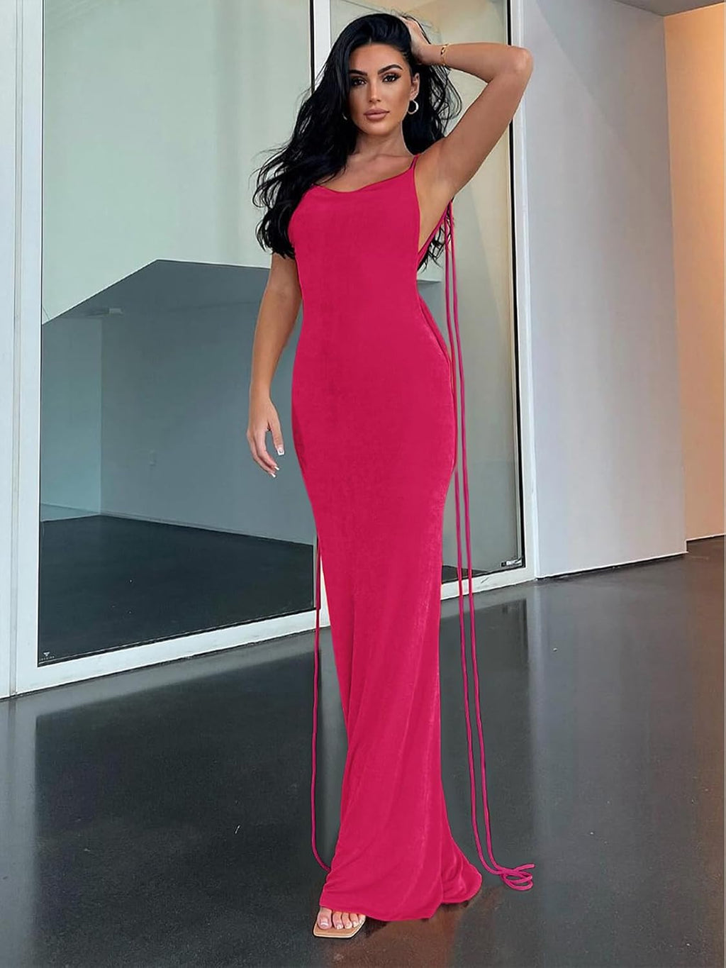 Slip Bodycon Dresses for Women Spaghetti Strap Lace Up Backless Cowl Neck Maxi Mermaid Cocktail Party Dress