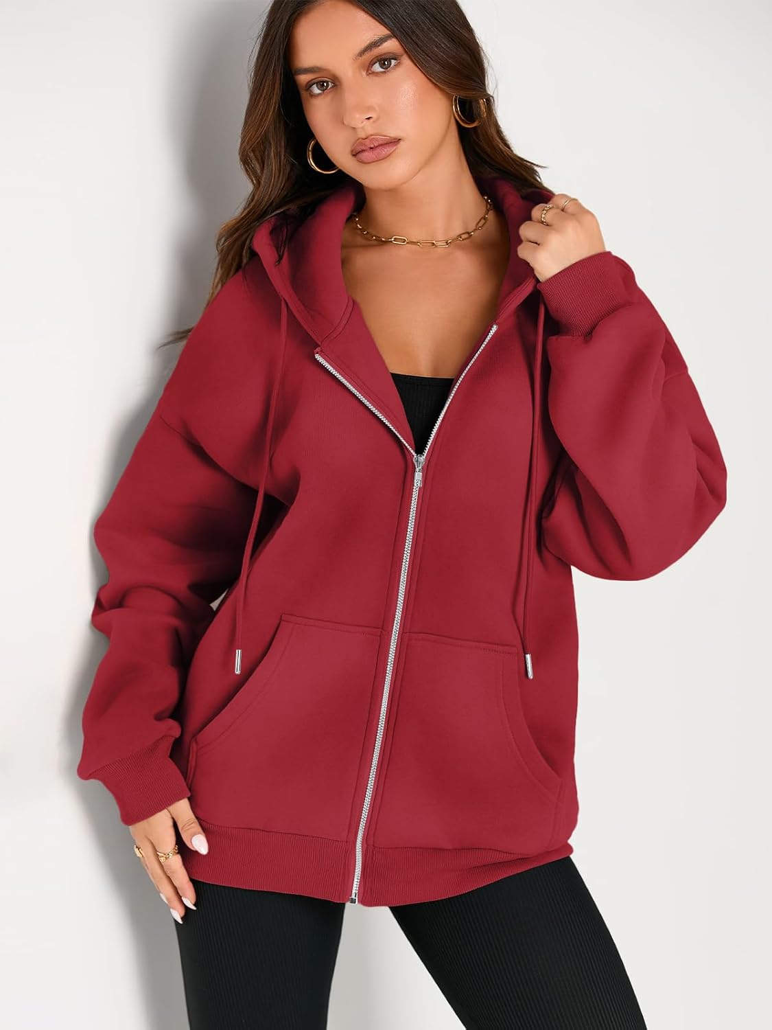 Women's Drawstring Zip Up Cute Hoodies Fall Jacket Oversized Casual Sweatshirts with Pocket