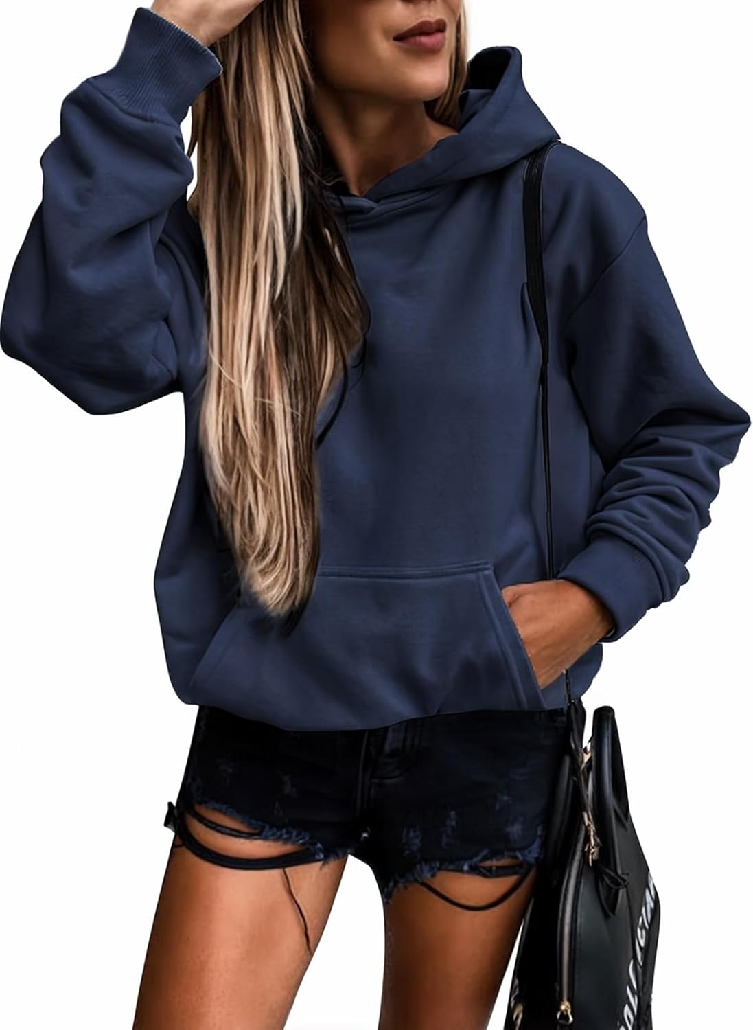 Women's Casual Hoodies Long Sleeve Solid Lightweight Pullover Tops Loose Sweatshirt with Pocket