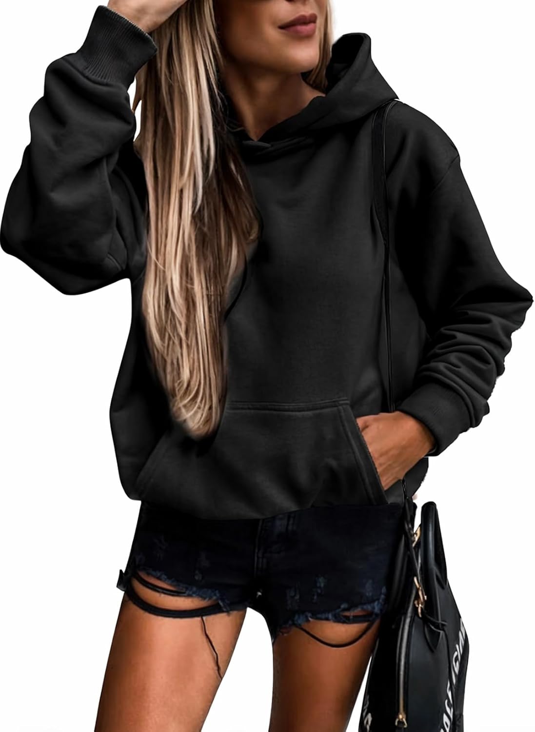 Women's Casual Hoodies Long Sleeve Solid Lightweight Pullover Tops Loose Sweatshirt with Pocket