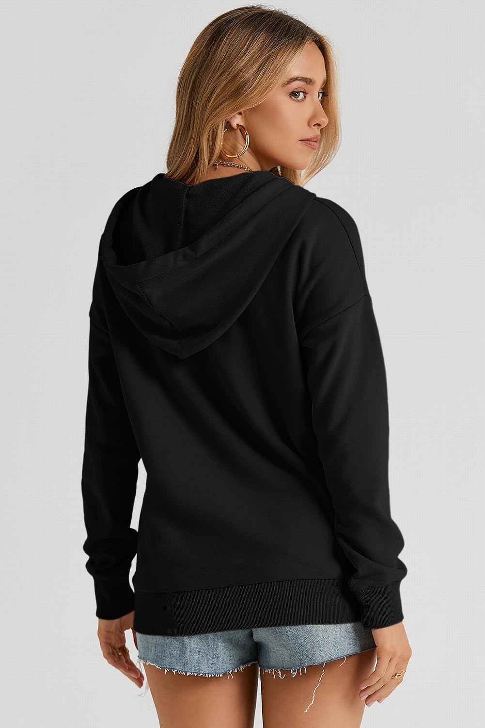 Womens 2025 Hoodies Button Collar Drawstring Hooded Pullover Sweatshirt Casual Long Sleeve Tops Shirts