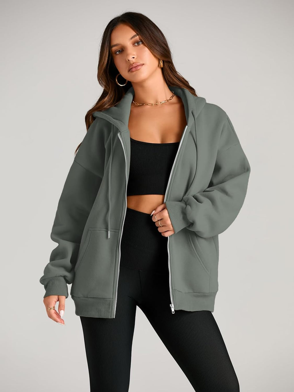 Women's Drawstring Zip Up Cute Hoodies Fall Jacket Oversized Casual Sweatshirts with Pocket