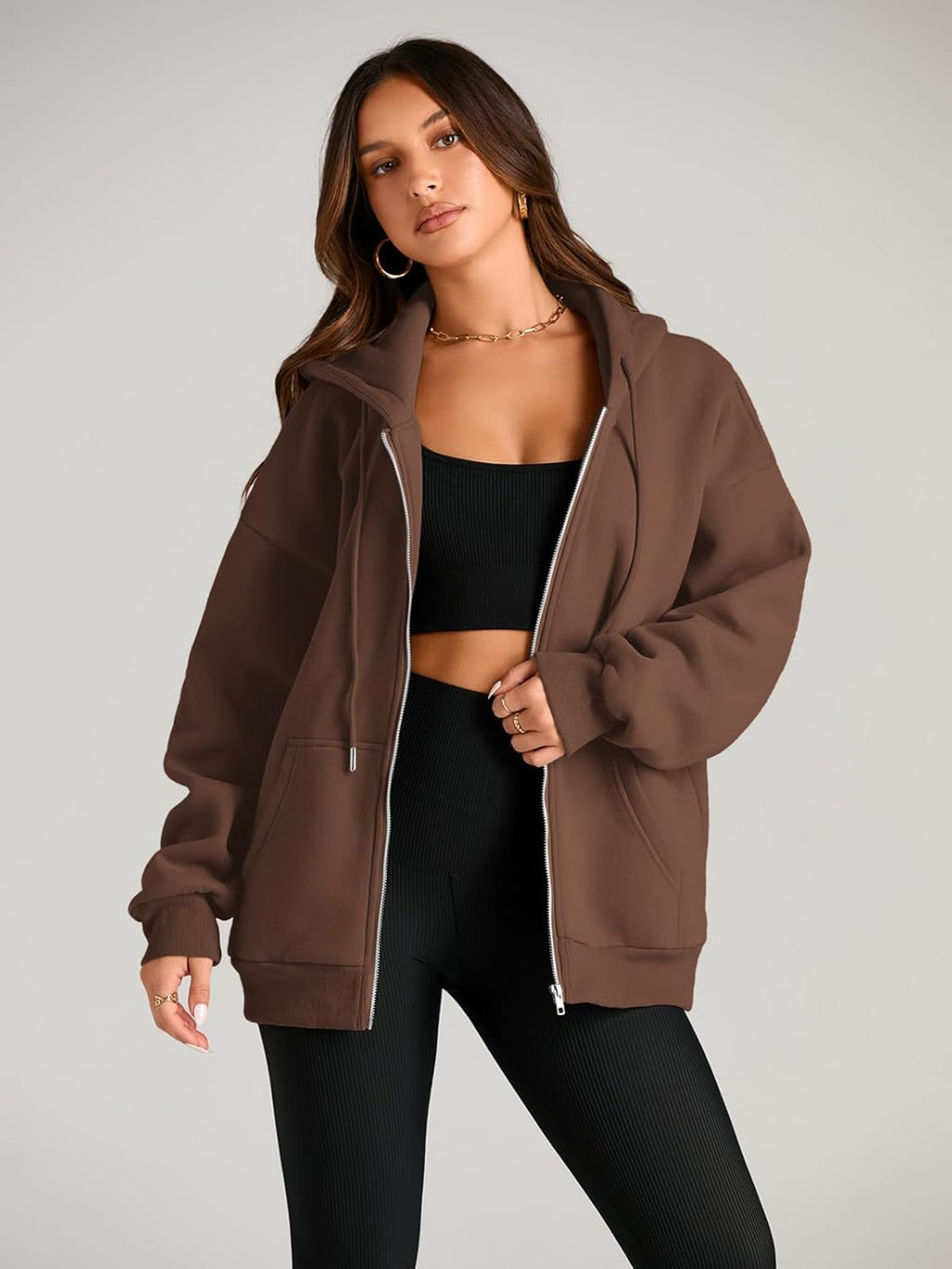 Women's Drawstring Zip Up Cute Hoodies Fall Jacket Oversized Casual Sweatshirts with Pocket