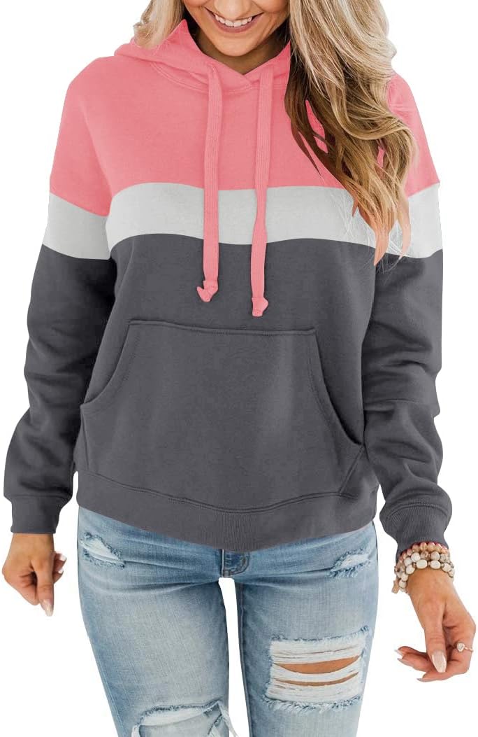Womens Casual Hoodies Crew Neck Long Sleeve Sweatshirts with Pocket Lightweight Pullover Tops