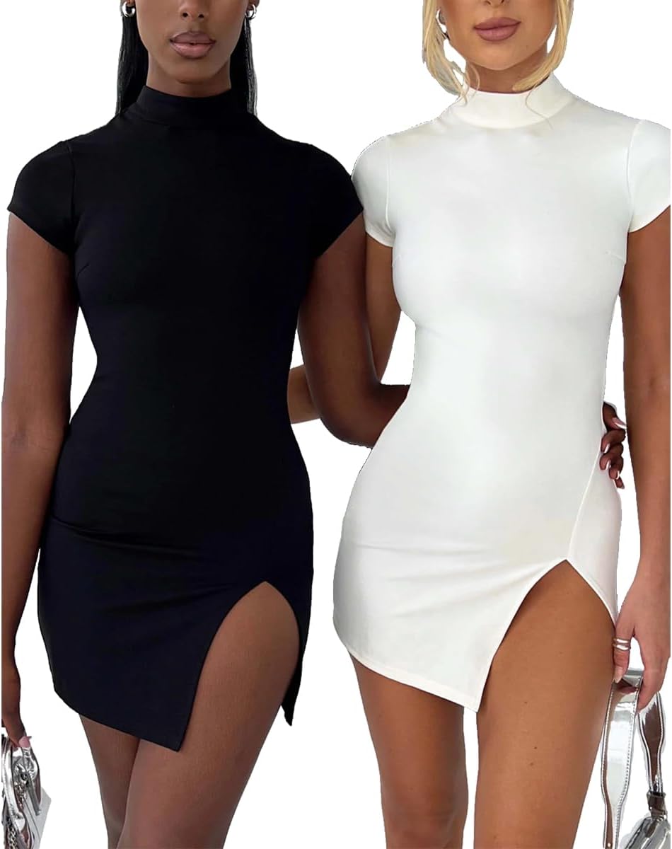 Women's 2024 Summer Sexy Short Sleeve Mock Neck Cut Out Backless Side Slit Drawstring Bodycon Mini Dress Clubwear