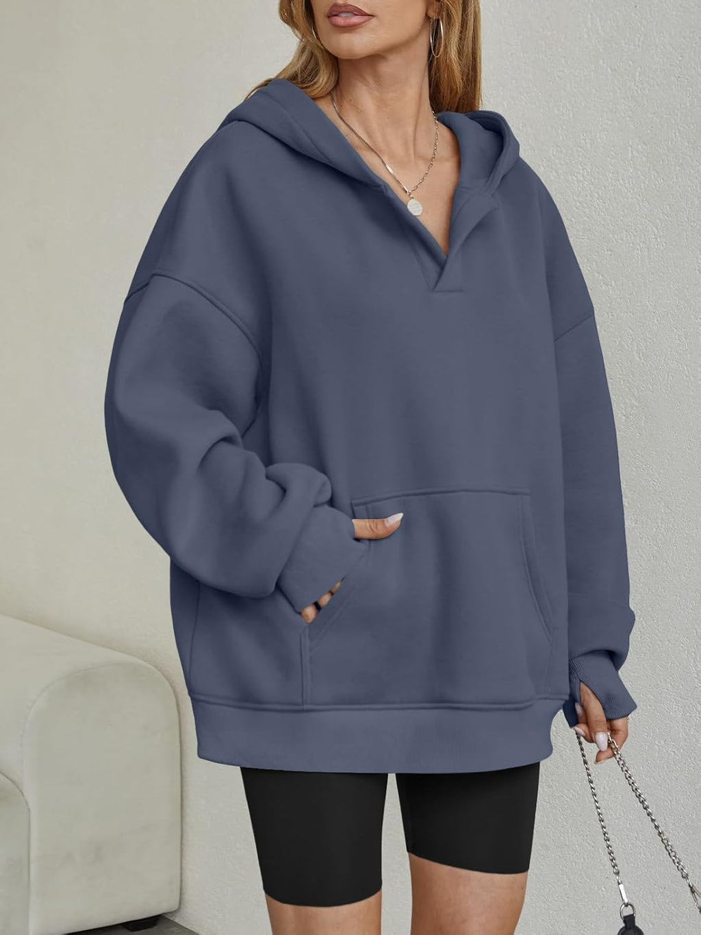 Womens Oversized V Neck Hoodies with Thumb Hole Pullover Sweatshirts Y2k Clothes Fall Fashion Outfits 2025
