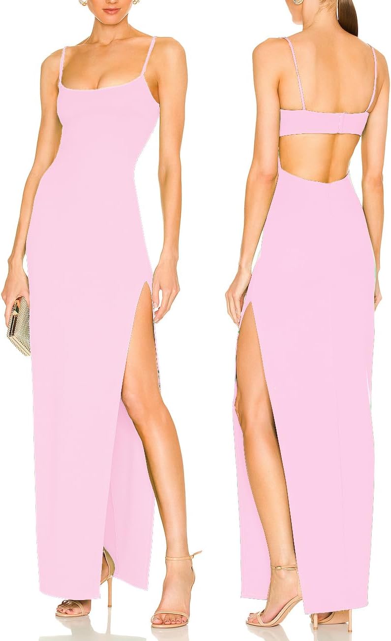 Women's Sexy Backless Spaghetti Straps Square Neck Maxi Dress Thigh High Slit Bodycon Cocktail Party Dress 211