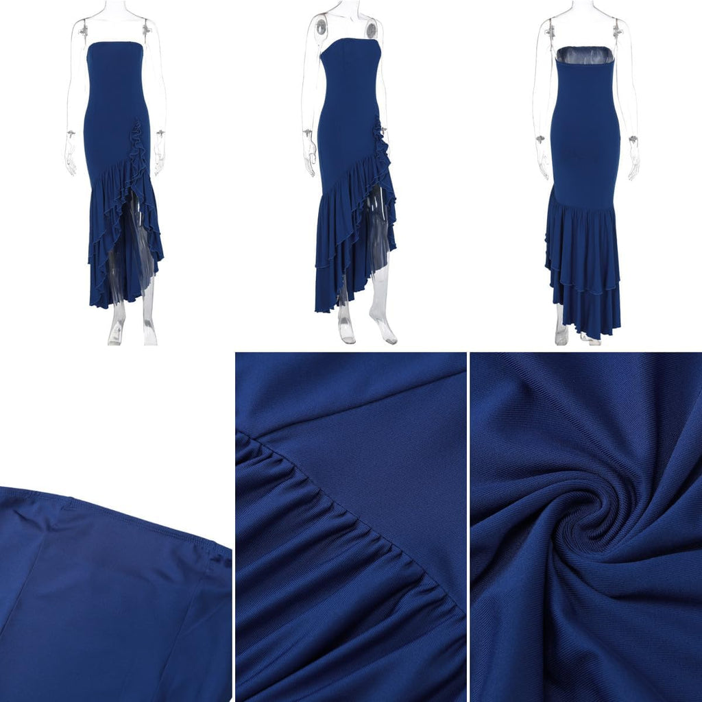 Women's Sexy Strapless Backless High Split Long Maxi Dress Ruched Off Shoulder Sleeveless Bodycon Party Cocktail Dresses