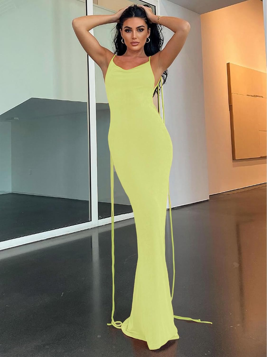 Slip Bodycon Dresses for Women Spaghetti Strap Lace Up Backless Cowl Neck Maxi Mermaid Cocktail Party Dress