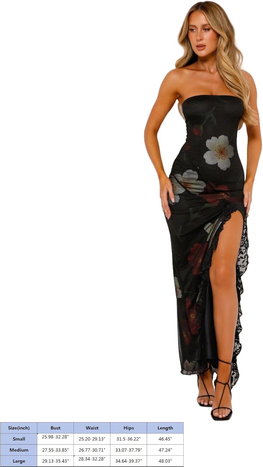 Women's Sexy Strapless Backless High Split Long Maxi Dress Ruched Off Shoulder Sleeveless Bodycon Party Cocktail Dresses