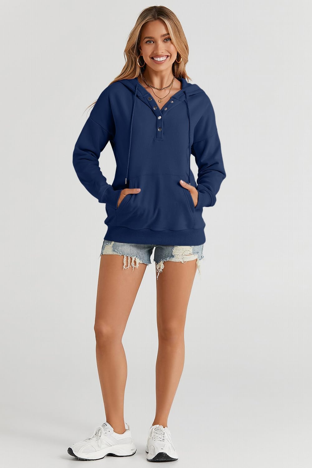 Womens 2025 Hoodies Button Collar Drawstring Hooded Pullover Sweatshirt Casual Long Sleeve Tops Shirts