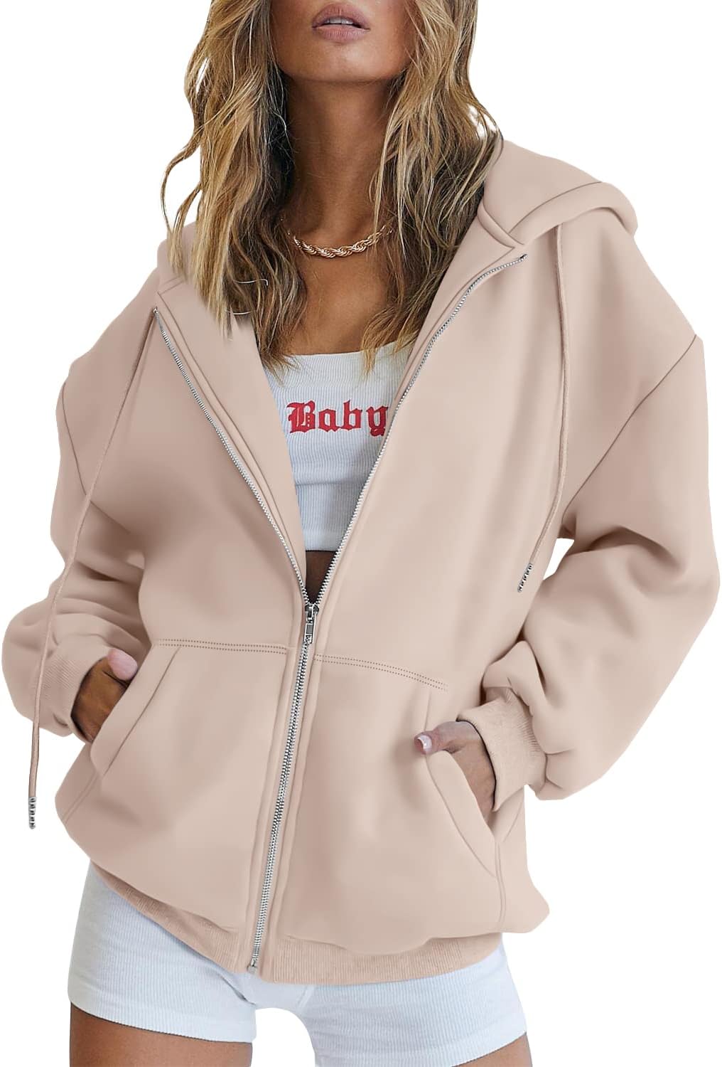 Women's Drawstring Zip Up Cute Hoodies Fall Jacket Oversized Casual Sweatshirts with Pocket