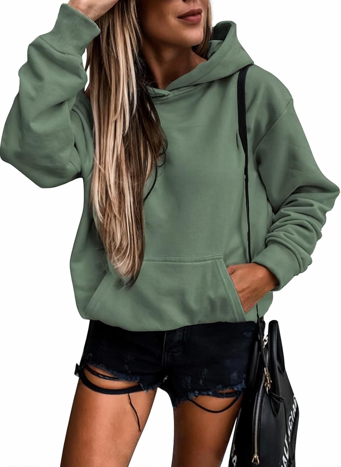 Women's Casual Hoodies Long Sleeve Solid Lightweight Pullover Tops Loose Sweatshirt with Pocket